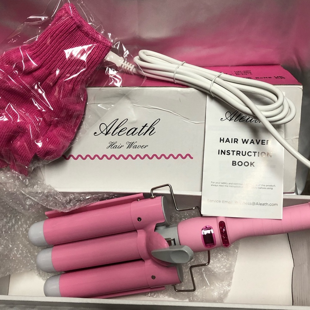 Aleath Pink Hair Waver 3 Barrel Curling Wand Hair Crimper LCD 1.25”inAdjustable